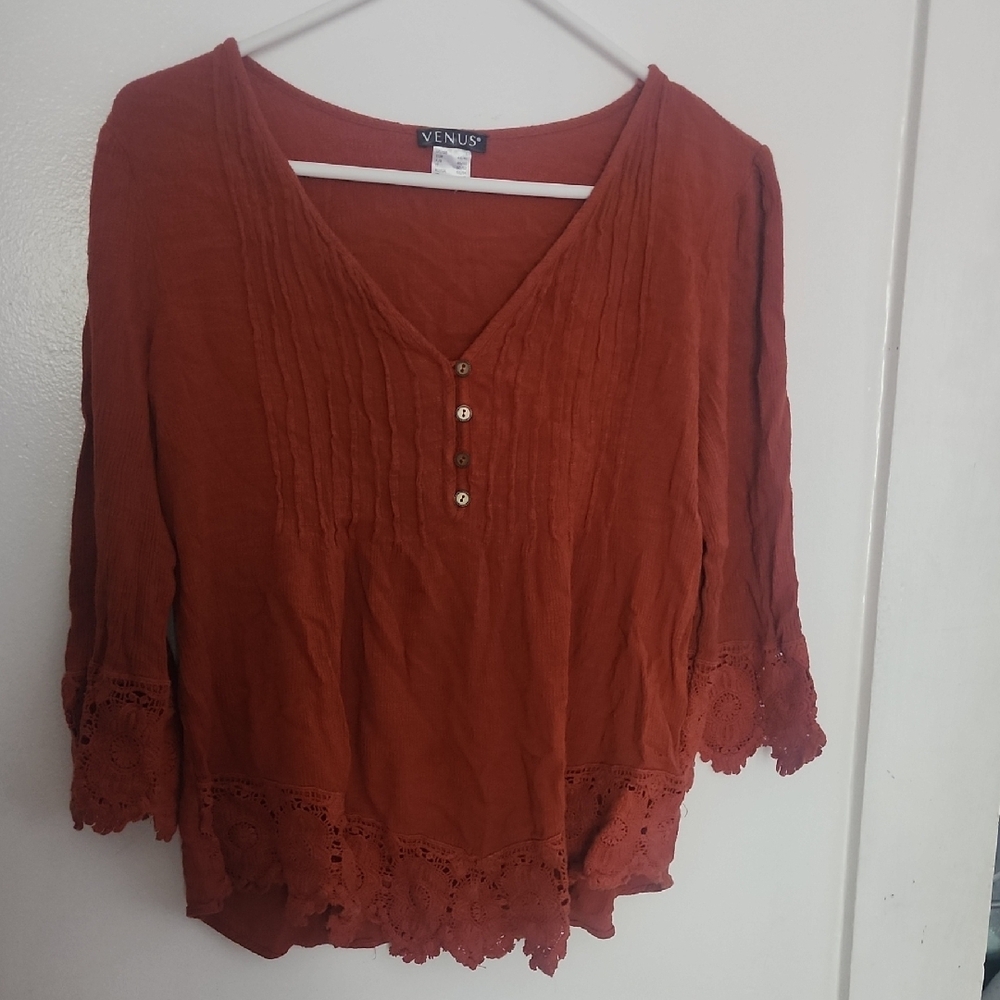 VENUS Brown Blouse with 3/4 Sleeves and Pleated Design